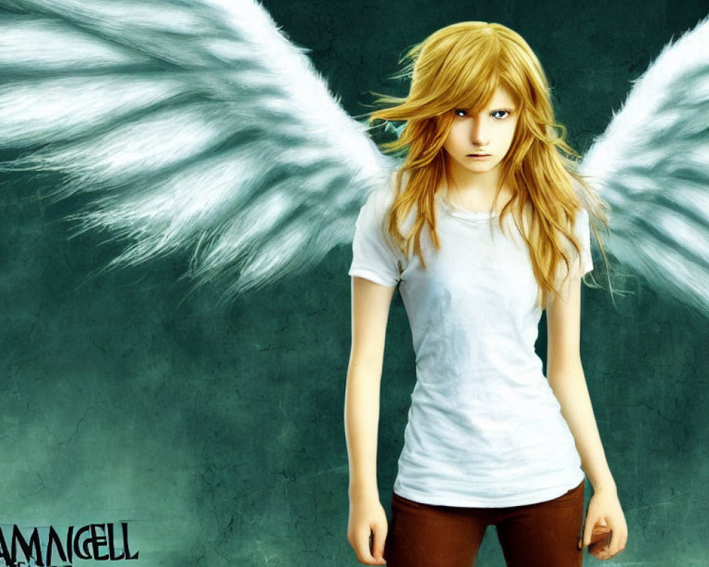 Digital artwork: Young woman with white wings, blonde hair, intense gaze, teal background