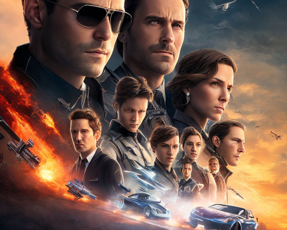 Action movie poster featuring main characters in sunglasses, fiery explosion, sports cars, and aircraft.