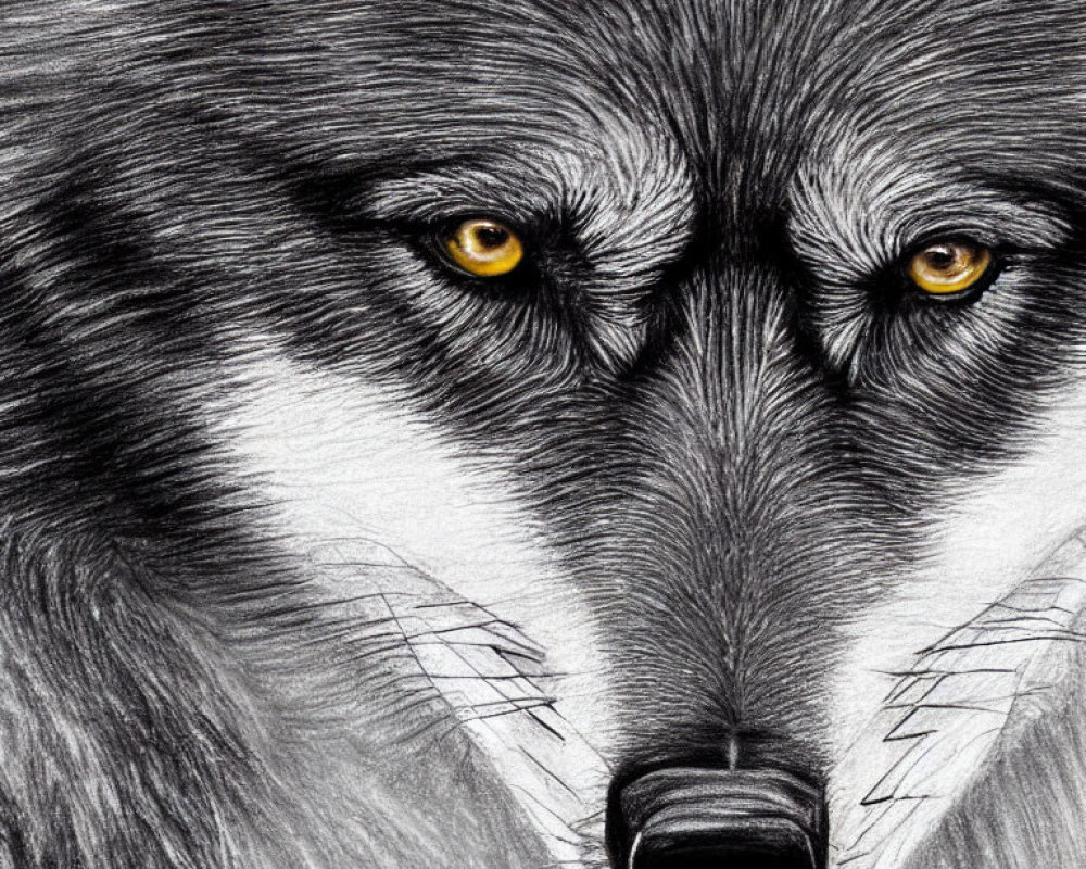 Detailed pencil drawing of a wolf with intricate fur shading and intense yellow eyes