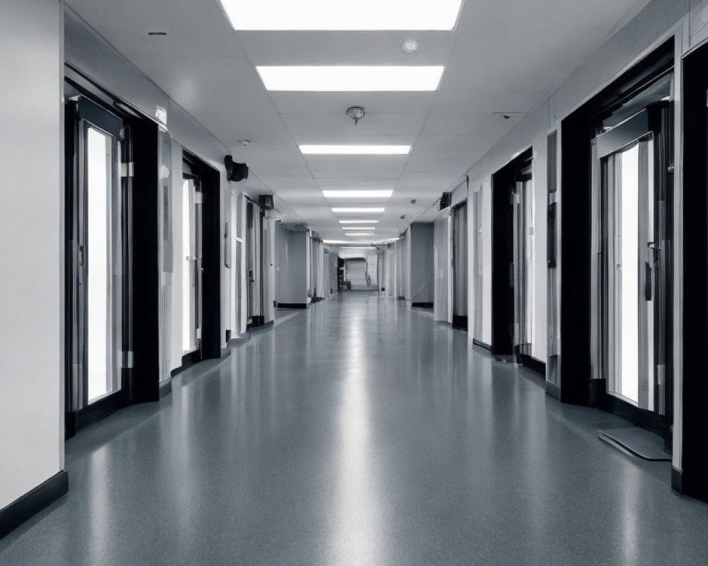 Modern corridor with reflective flooring and black doors under fluorescent lights