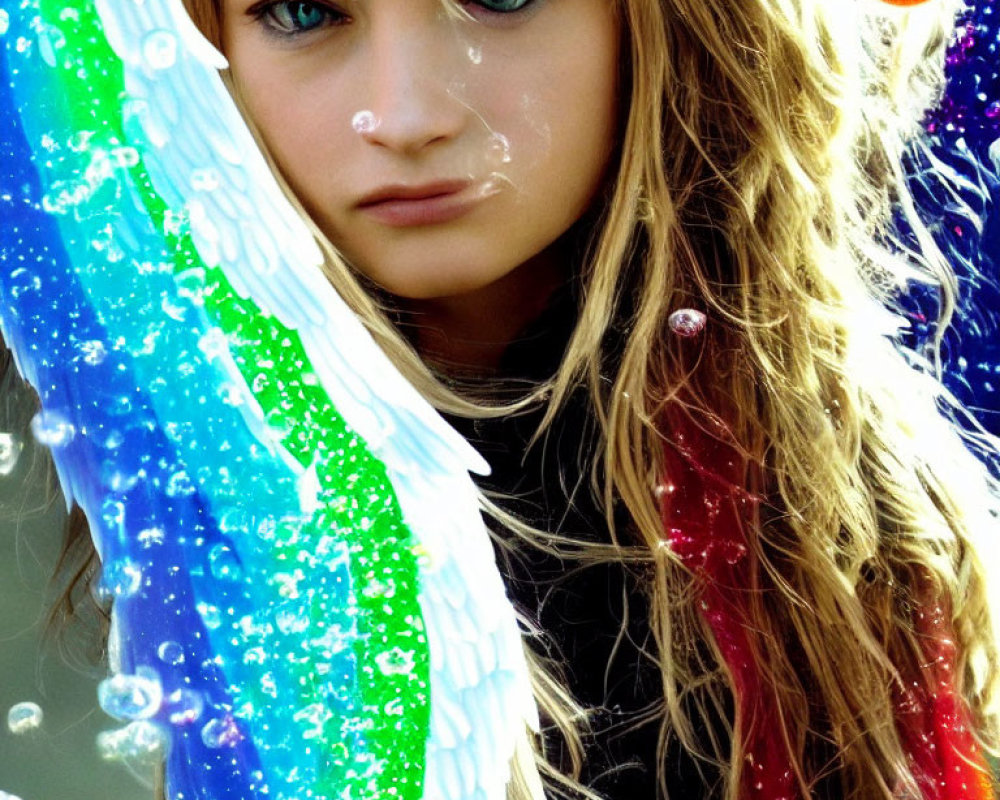 Young girl with wavy blonde hair in vibrant, glittering surroundings