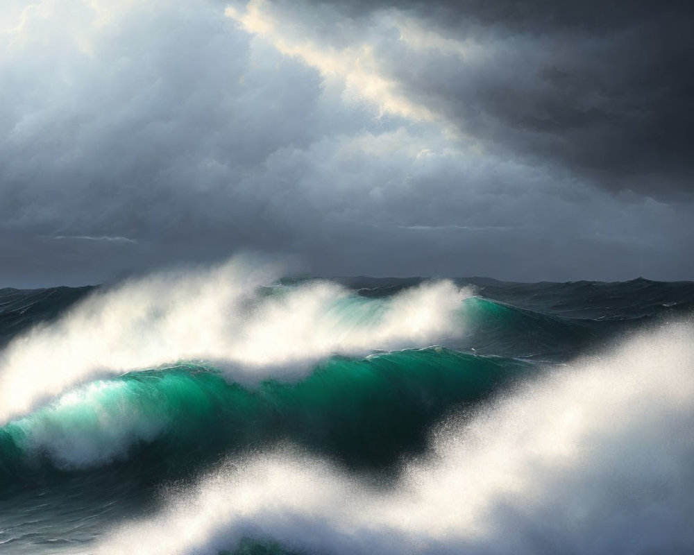 Towering Waves and Brooding Sky in Dramatic Ocean Scene