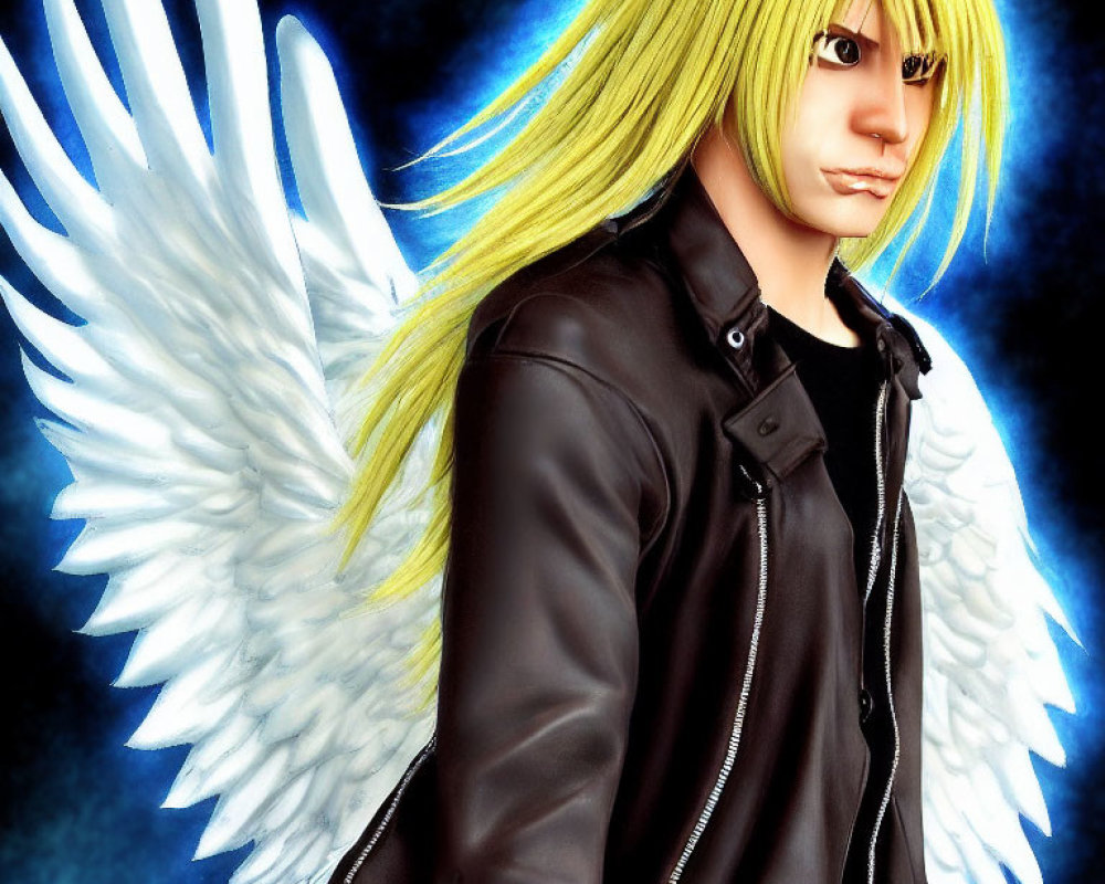 Digital illustration of person with long blonde hair, white wings, black leather jacket on dark blue background