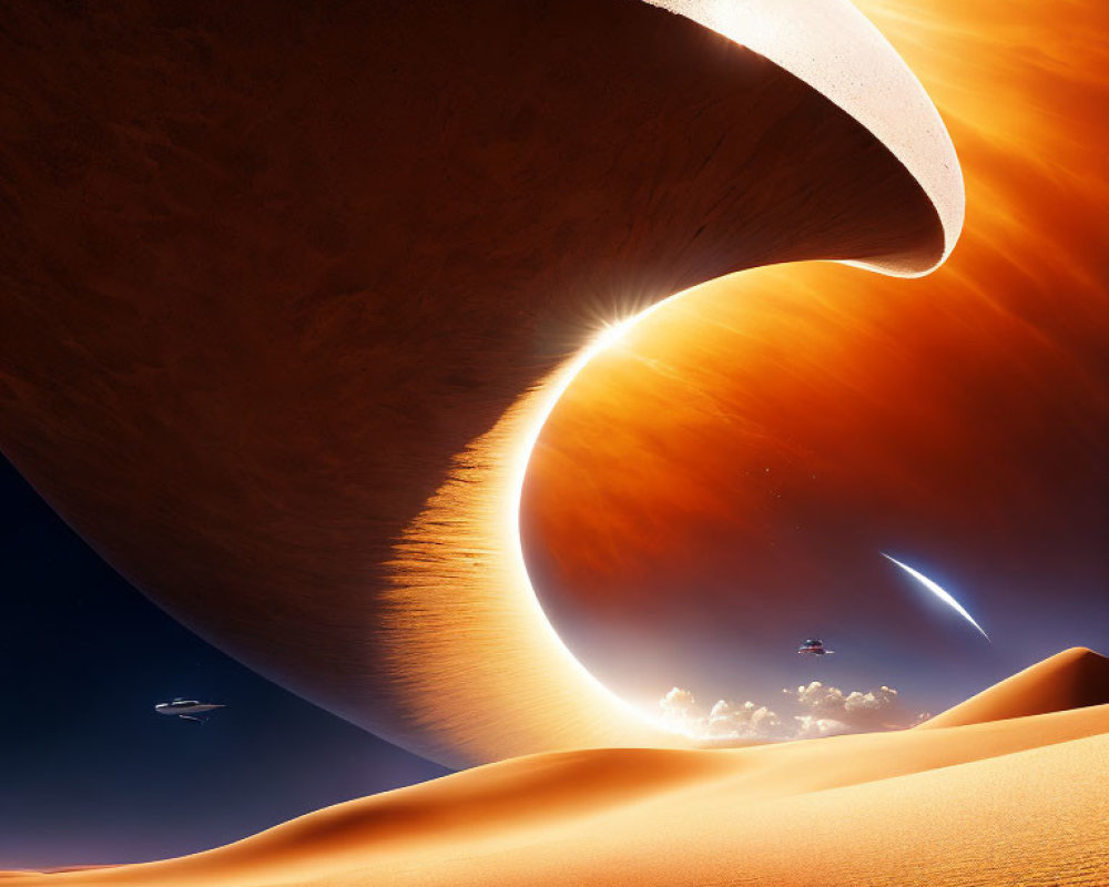 Surreal desert landscape with massive curved structure and dramatic lighting