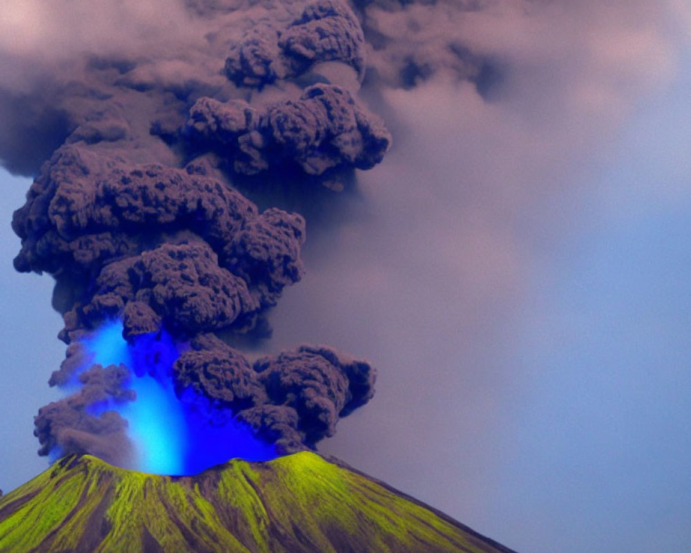 Volcanic Eruption: Ash Clouds and Blue Lava Glow at Dusk