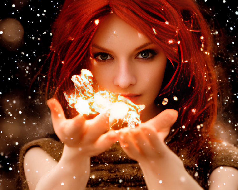 Vivid red-haired woman with blue eyes holding fiery orb in mystical setting