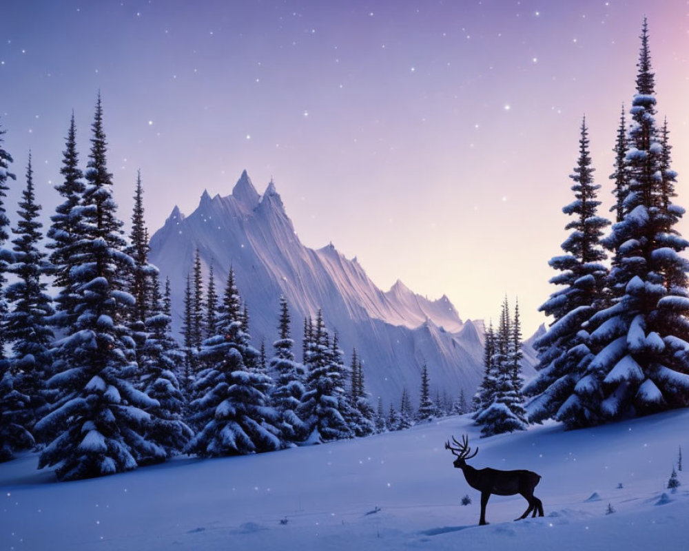 Solitary deer in snow-covered forest with mountains under starlit sky