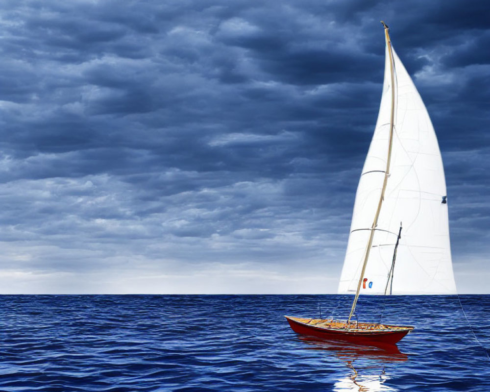 White sail sailboat on deep blue sea under cloudy sky