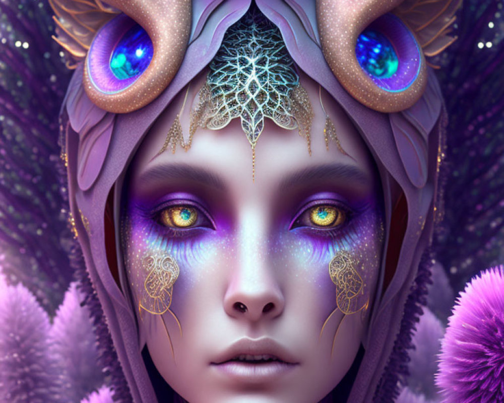 Fantasy portrait: Female figure with purple tones, sparkling eyes, ornate headdress, antler