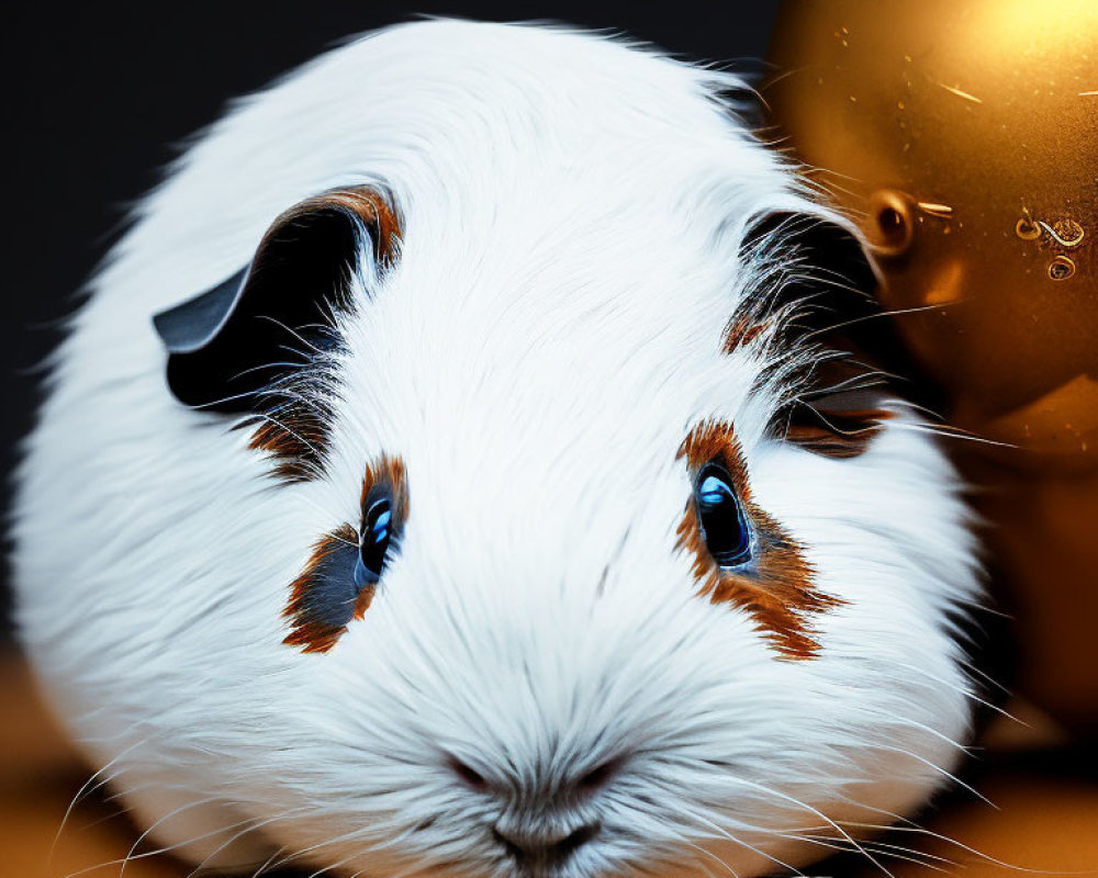 White Guinea Pig with Black and Tan Patches and Blue Eyes Next to Golden Sphere