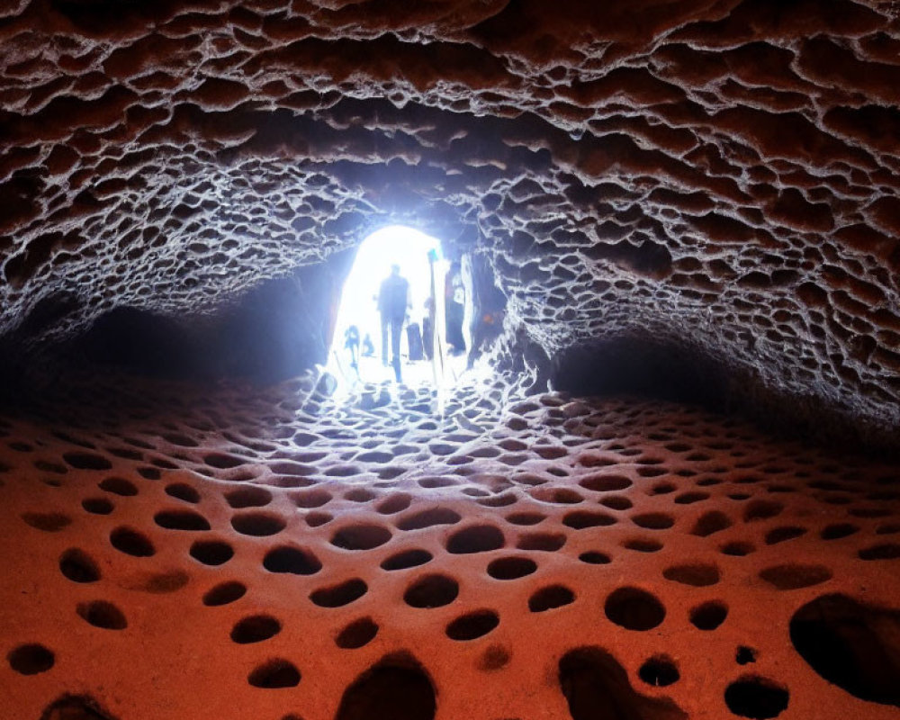 Silhouetted people at cave entrance with honeycomb patterns illuminated by natural light