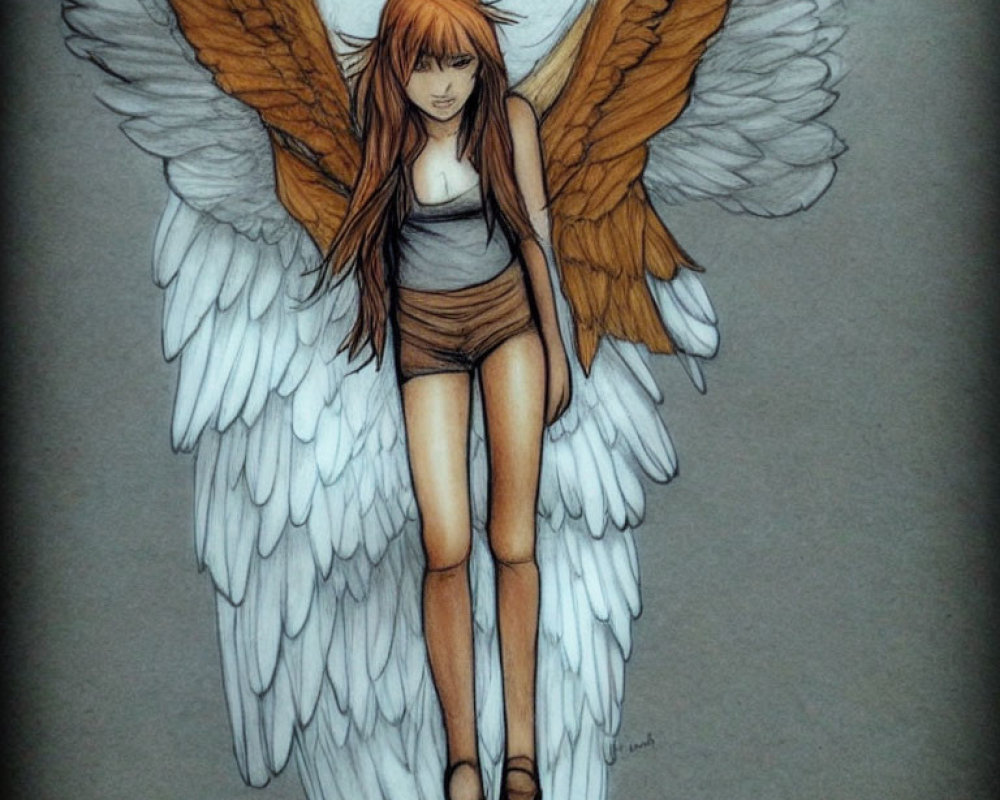 Female Figure with Long Hair and White/Brown Wings in Tank Top and Shorts on Gray Background