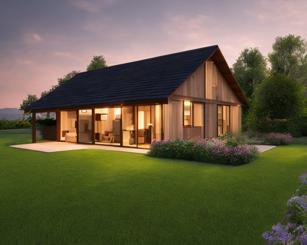 Modern Single-Story House with Large Windows, Wooden Walls, Dark Roof, Twilight Sky, Manic