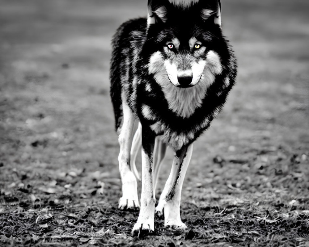 Monochrome image of a black wolf with white markings on bare ground