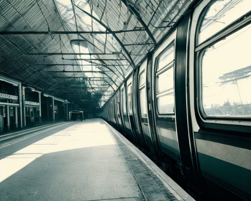 Vintage train at empty station under large arched canopy