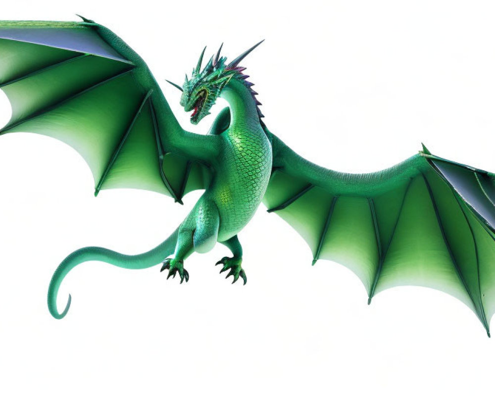 Vibrant Green Dragon with Expansive Wings and Sharp Horns Soaring Against White Background