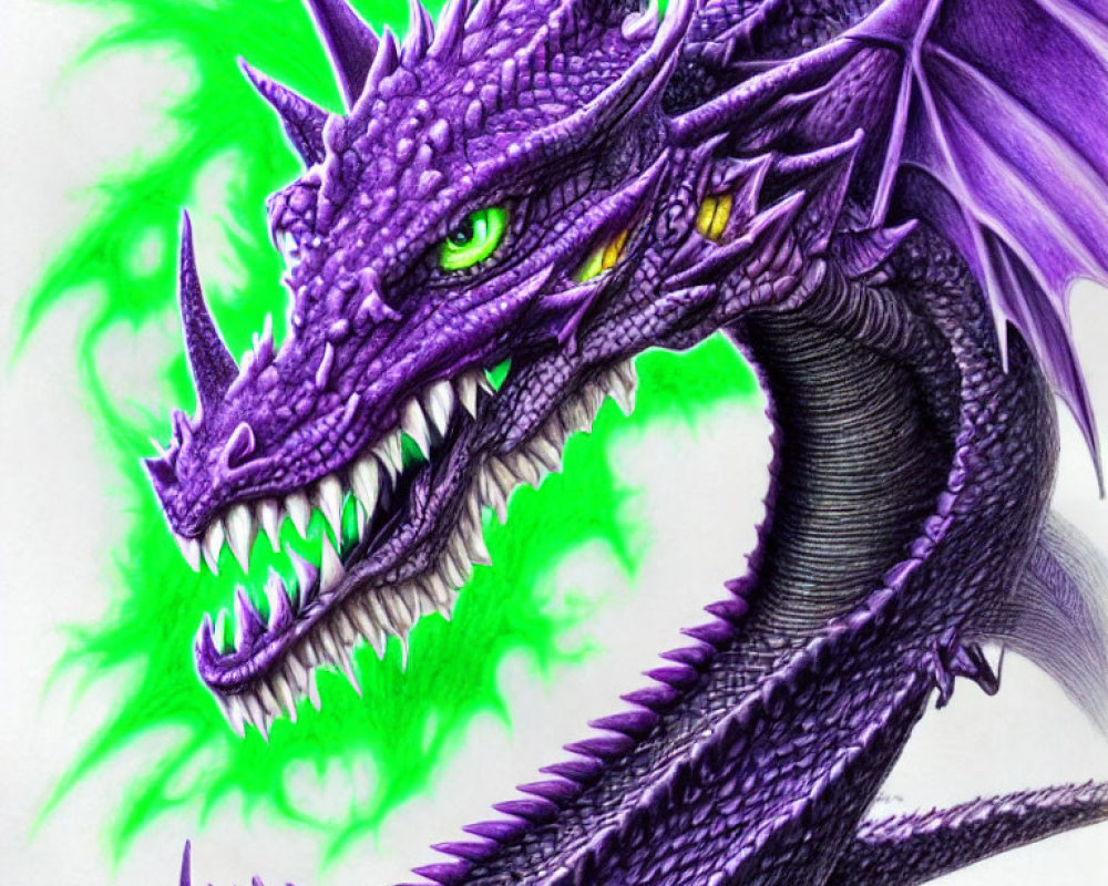 Detailed Purple Dragon Artwork with Green Eyes and Fiery Breath