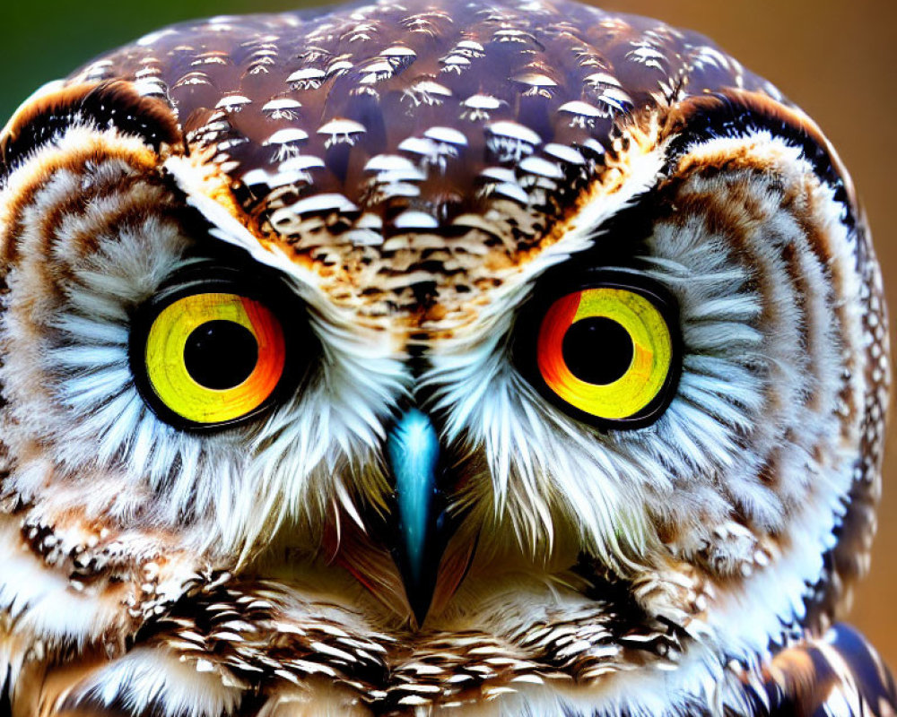 Detailed Close-Up of Owl with Orange-Yellow Eyes and Brown/White Feathers