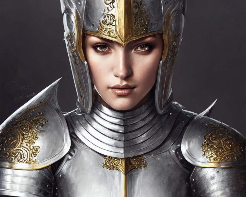 Medieval armor portrait of a woman with gold embellishments and raised visor.