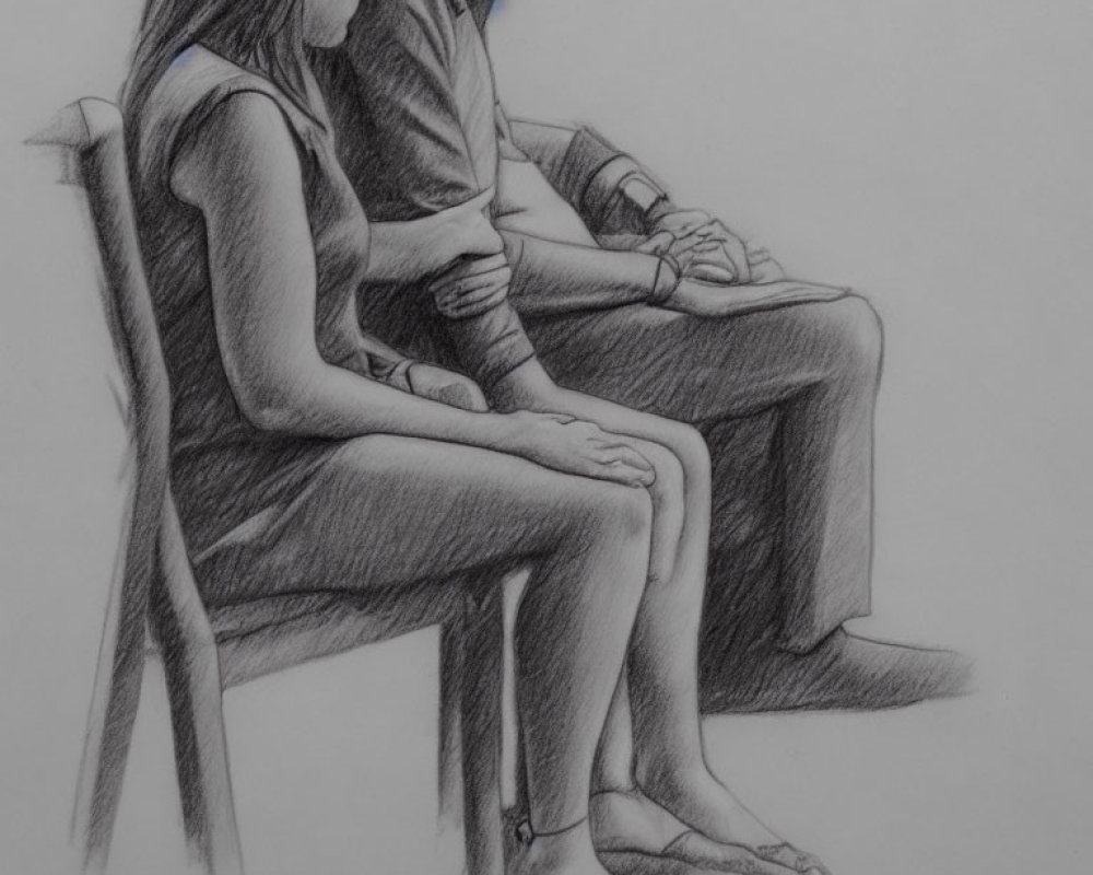 Detailed pencil drawing of seated man and woman, bodies from shoulders to knees.