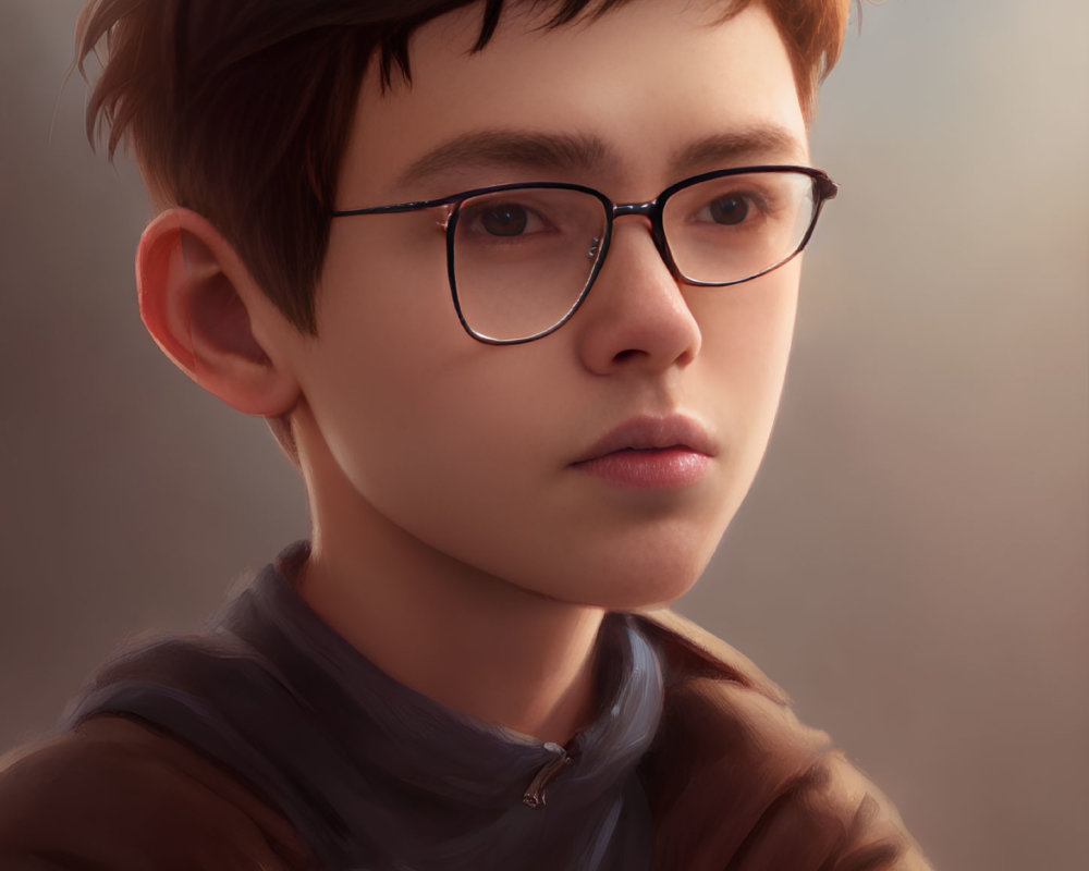 Young person with short brown hair and round glasses in brown top, looking thoughtfully.