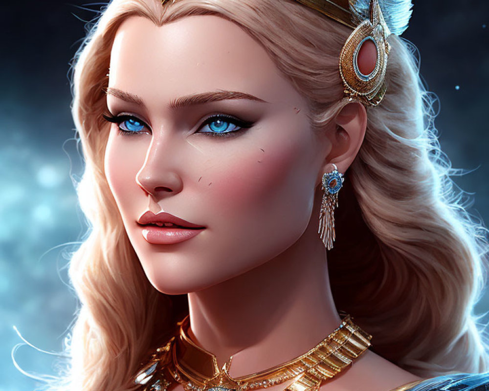 Portrait of woman with blue eyes, blonde hair, crown, armor, against starry backdrop