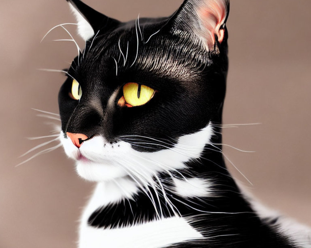 Black and White Cat with Yellow Eyes and Whiskers