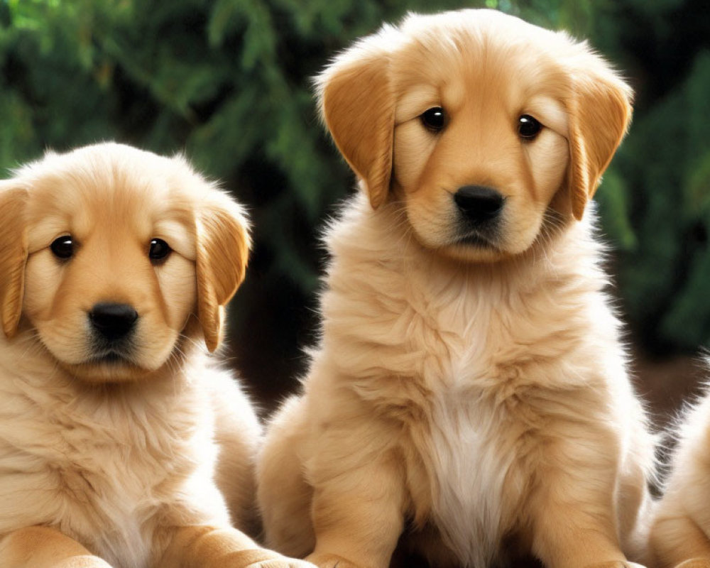 Golden retriever puppies sitting together with green backdrop.