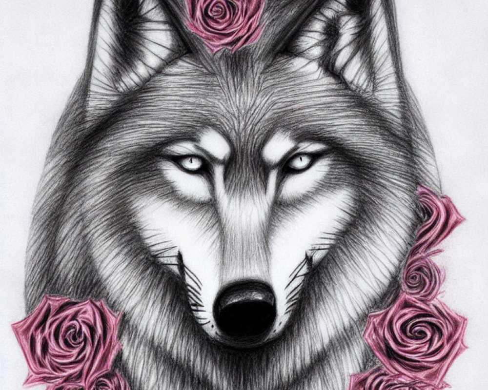 Detailed Wolf Face Sketch with Pink Roses in Fur: Intense Eyes & Fur Texture