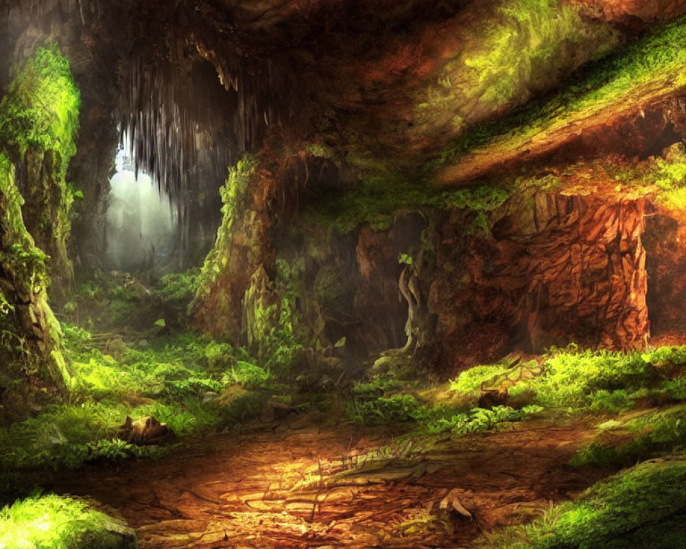 Sunlit vibrant cave with green moss and hanging stalactites