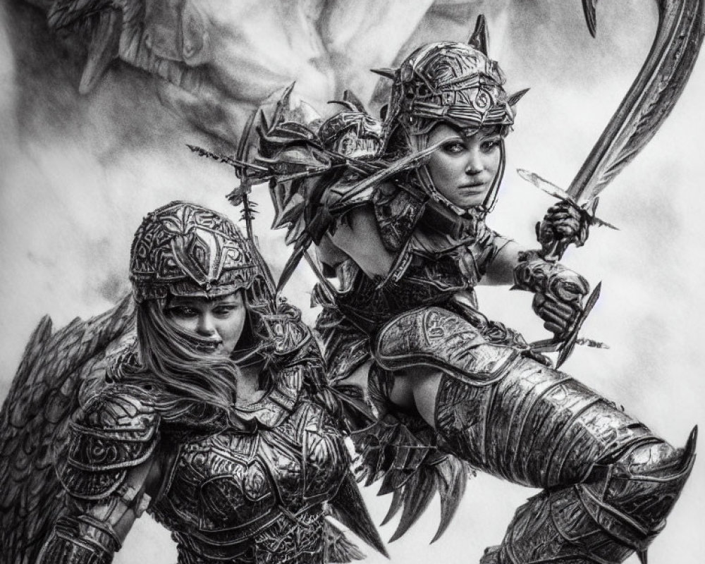 Female warriors in intricate armor ready for battle with determined expressions