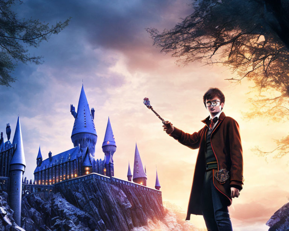 Young wizard with wand at magical castle at dusk