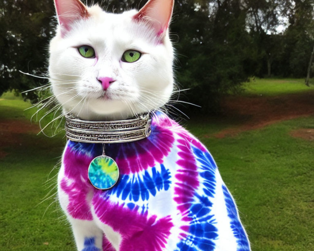 White Cat in Tie-Dye Shirt and Choker with Green Eyes on Grass Background