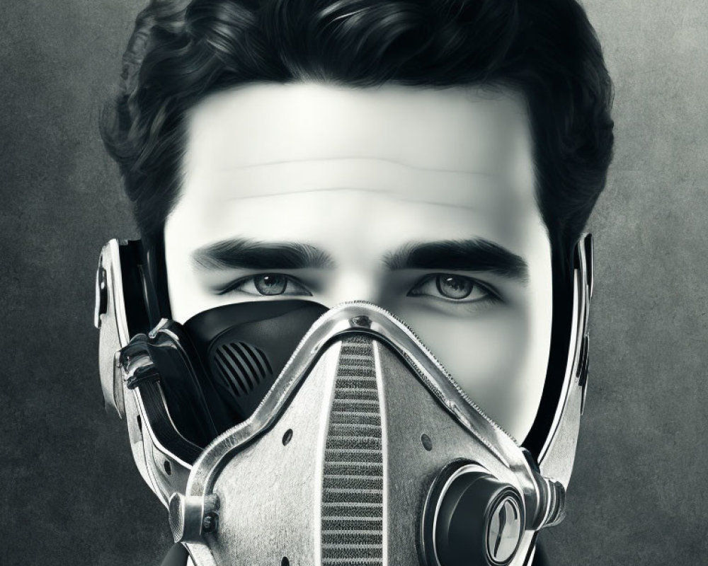 Dark-haired man in metallic respiratory mask with blue eyes on grey background