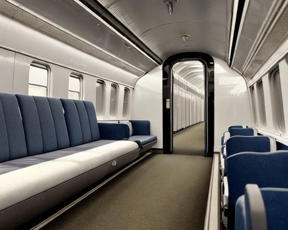 Empty train carriage with blue seats and central aisle.