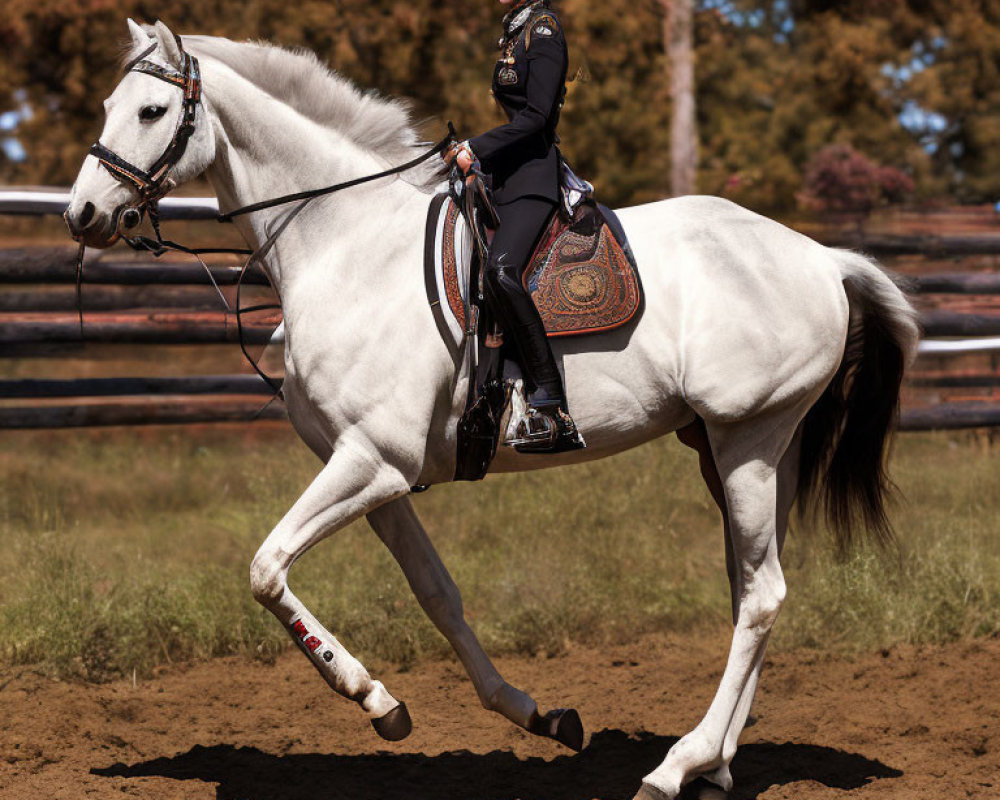 Equestrian rider in formal attire on white horse trotting in sandy arena