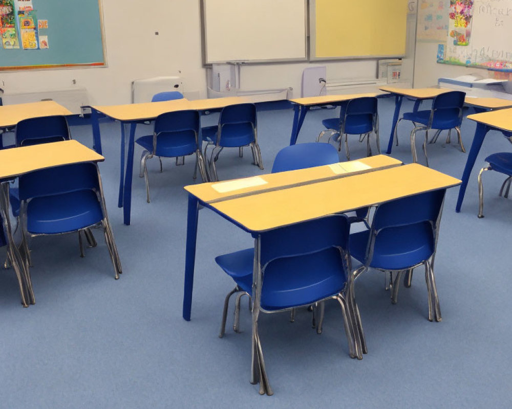 Classroom with Blue Chairs, Desks, and Whiteboards