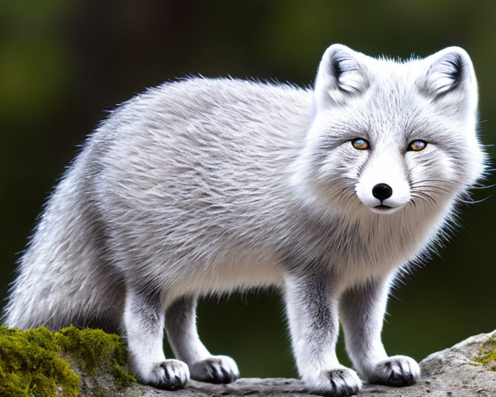 Silver-Furred Fox with Piercing Eyes on Moss-Covered Rock