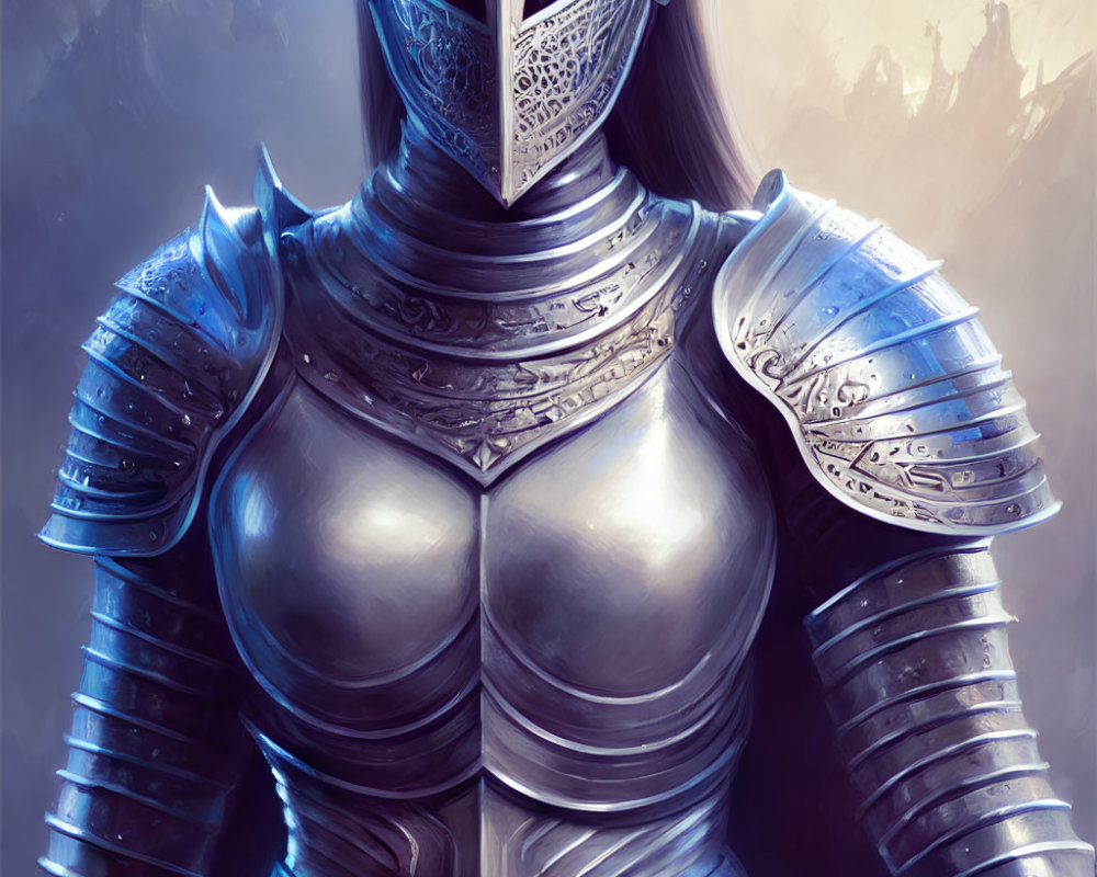 Detailed Illustration: Female Knight in Ornate Silver Armor on Muted Background