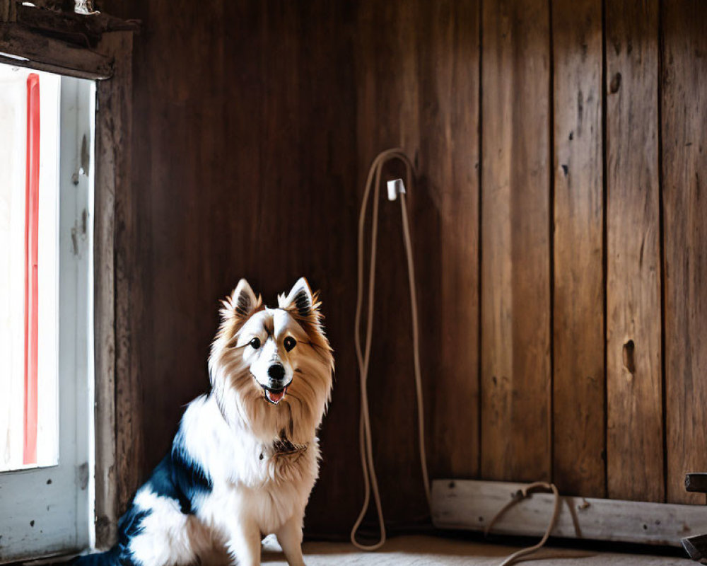 Tricolor fluffy dog indoors by sunny window and wooden wall