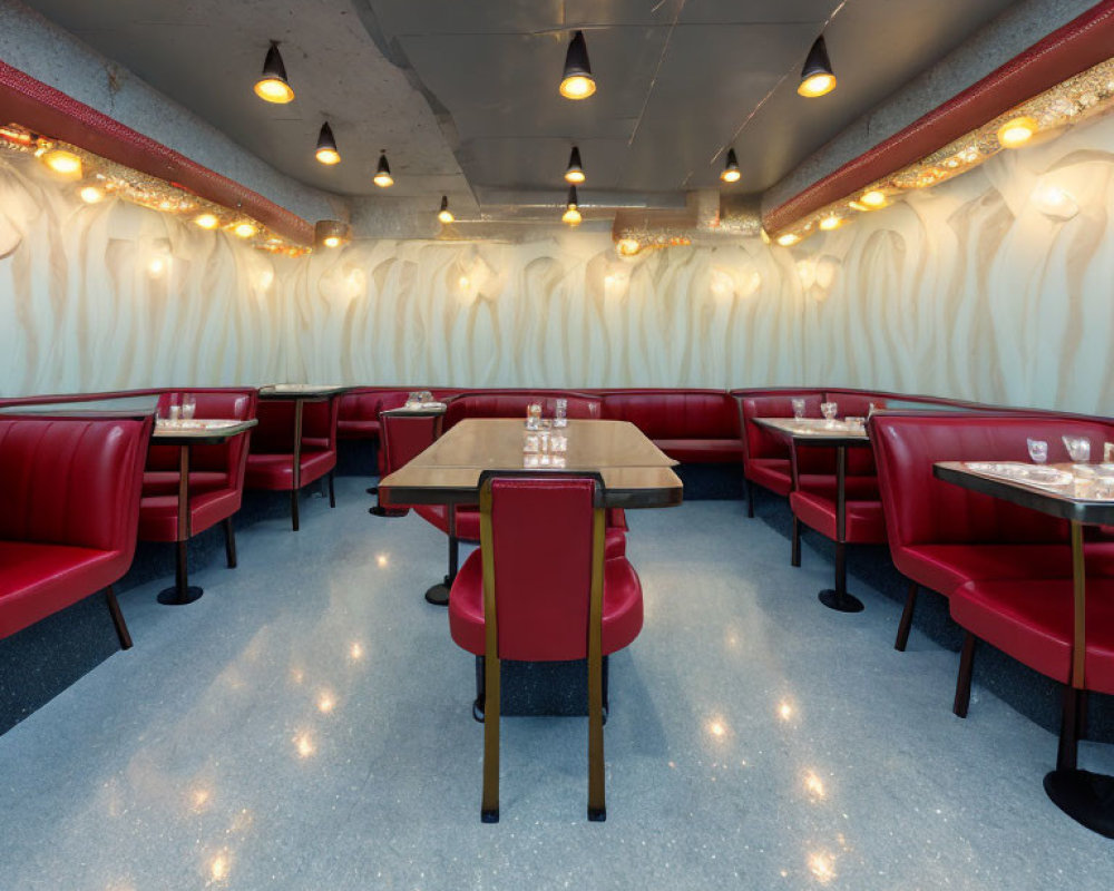 Vintage Diner with Red Booths, Wooden Tables, Starry Flooring & Pendant Lights