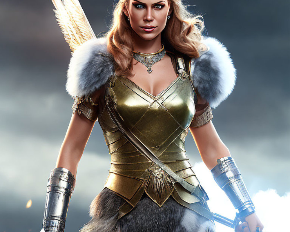 Warrior woman in golden armor with sword under dramatic sky