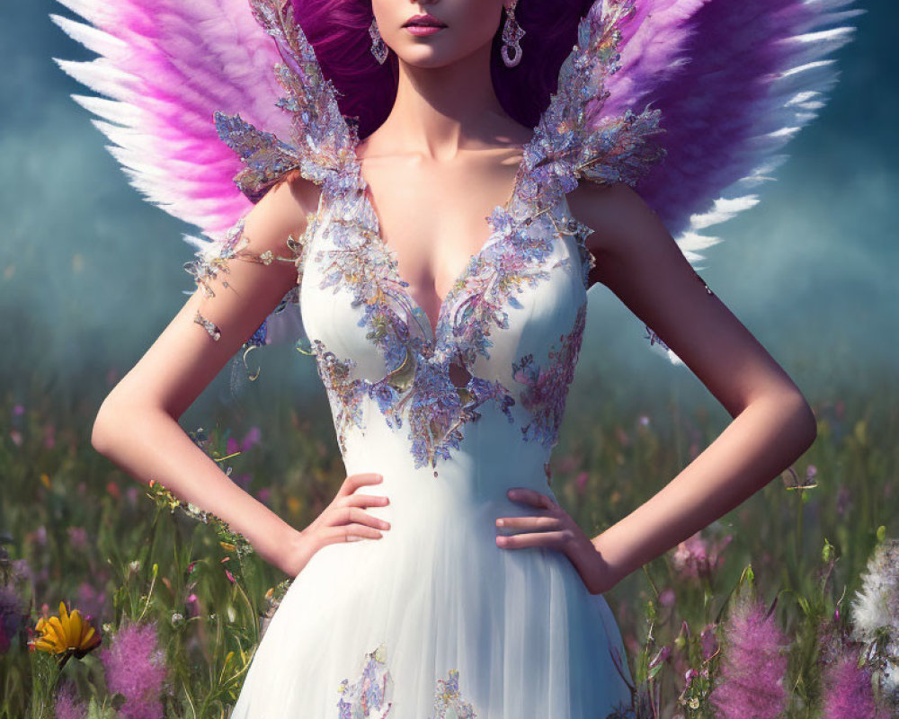 Woman with Violet-Tinted Wings in White Dress Surrounded by Purple Wildflowers