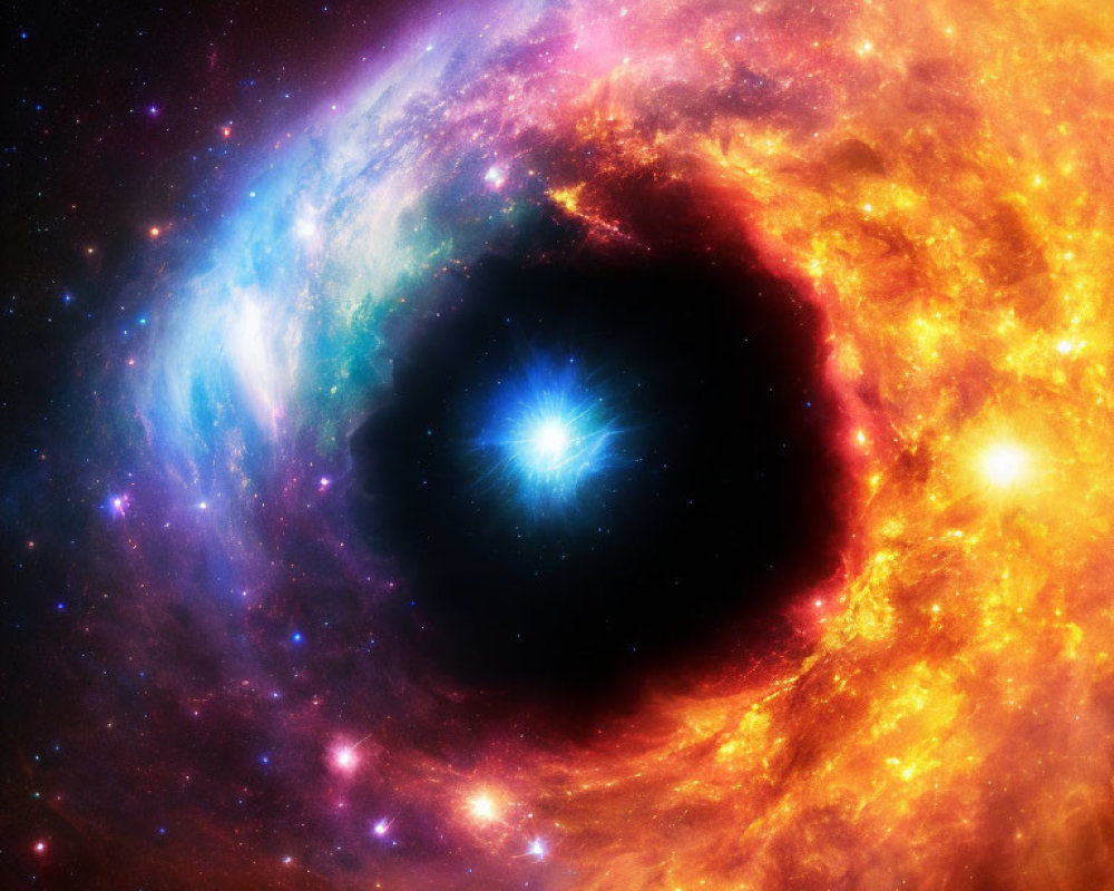 Colorful cosmic scene with blue star and black hole amidst swirling interstellar clouds