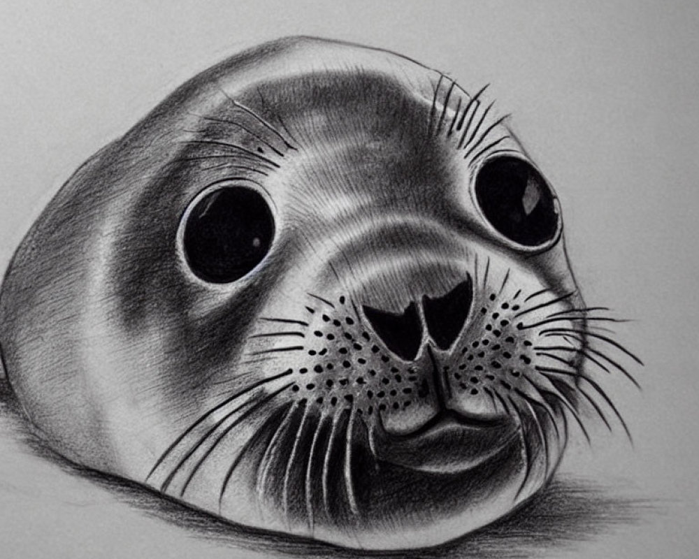 Realistic pencil drawing of a seal's expressive eyes and whiskered snout with shading techniques.