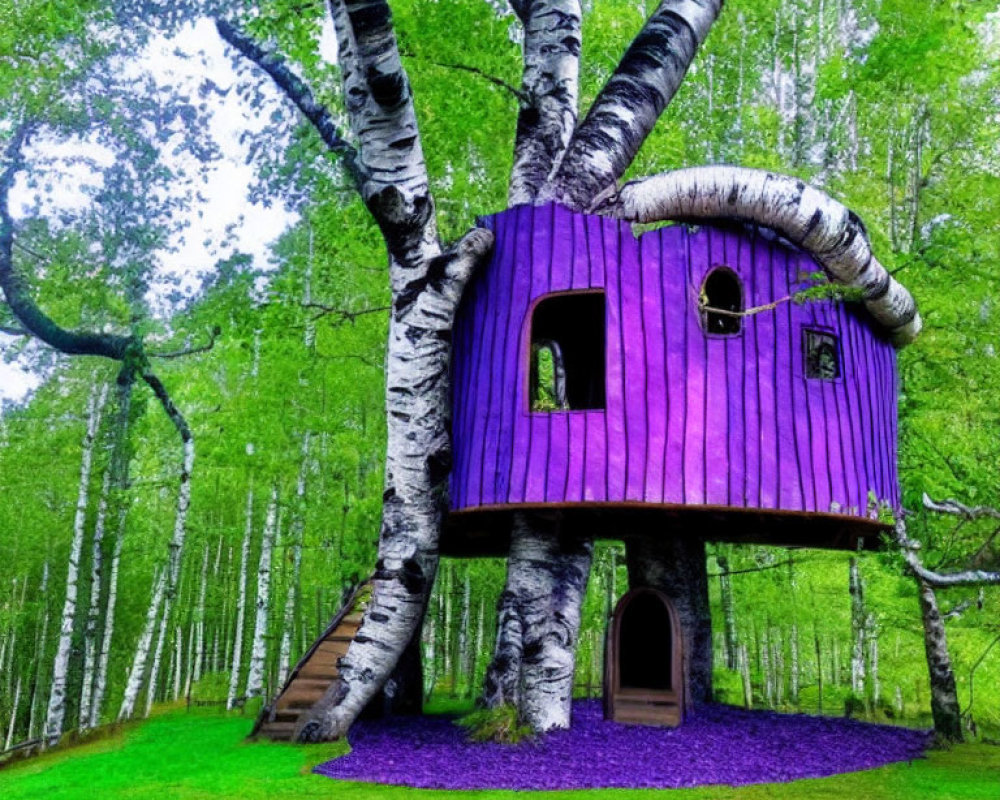 Whimsical Purple Treehouse in Lush Birch Forest