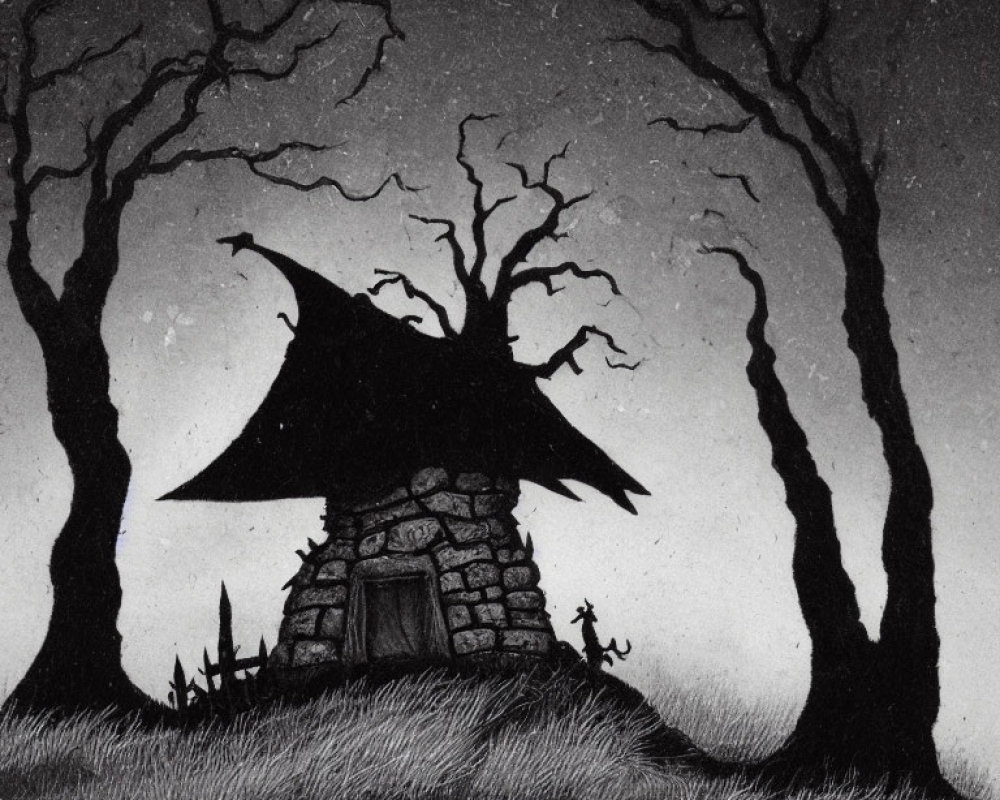 Monochrome illustration of witch's hut with large hat-like roof and barren trees.