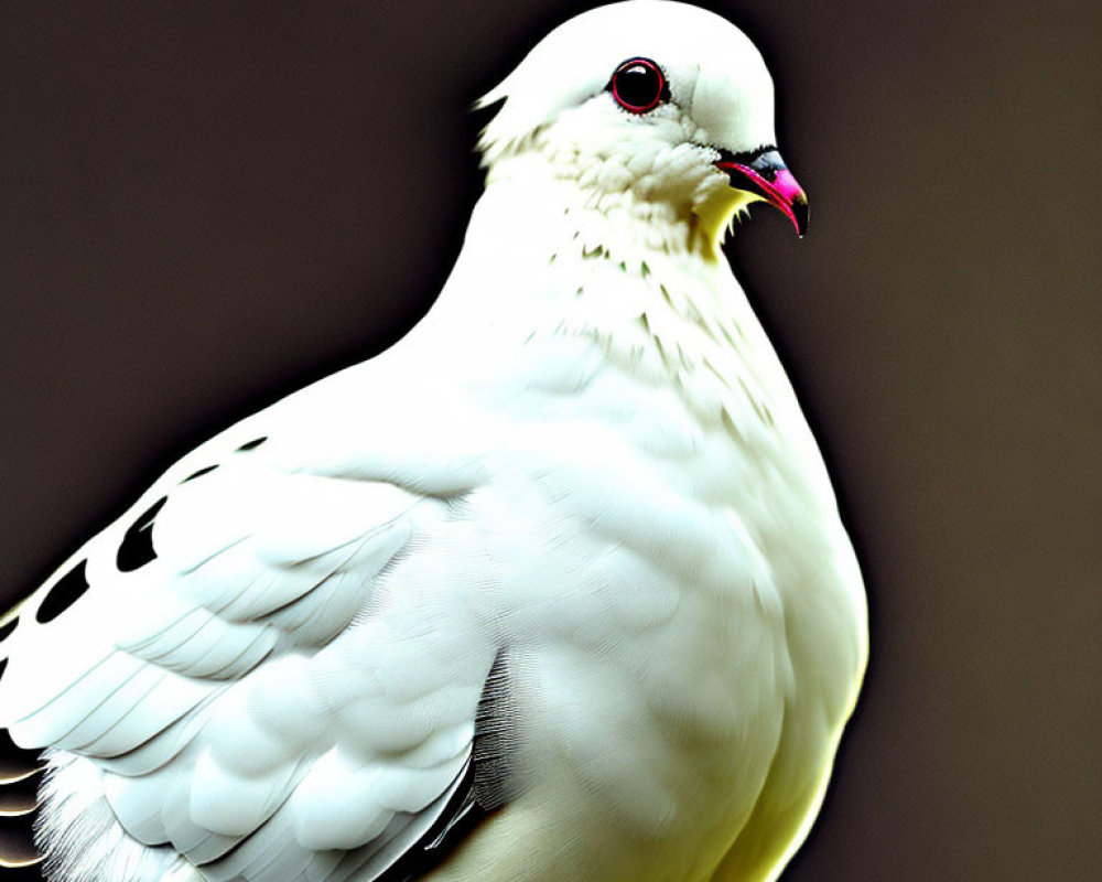 White dove with red beak and black eye markings on muted background