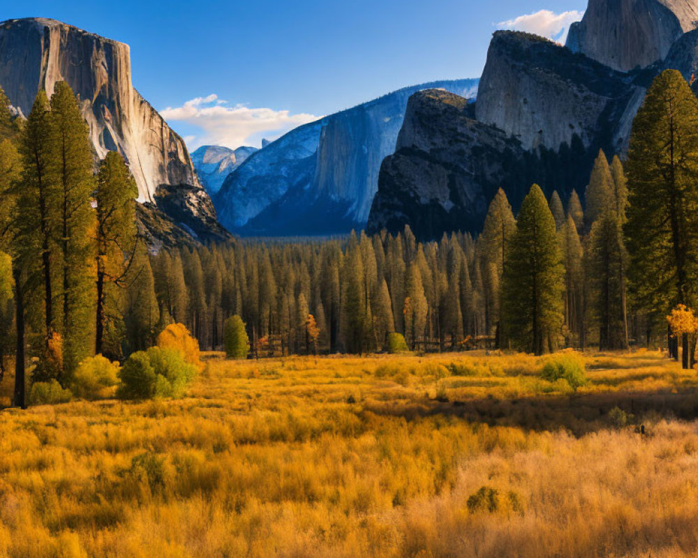 Yosemite Valley View with El Capitan, Pine Trees, and Meadow