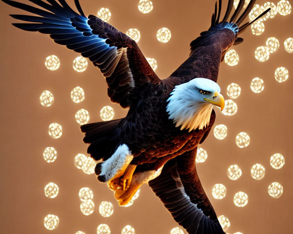 Majestic bald eagle soaring with spread wings and talons poised